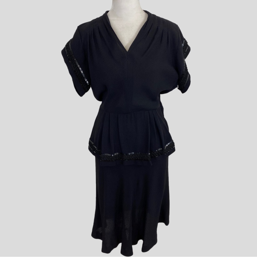 Vintage 1940s Black Crepe Peplum Waist Sequin Trim Dress
